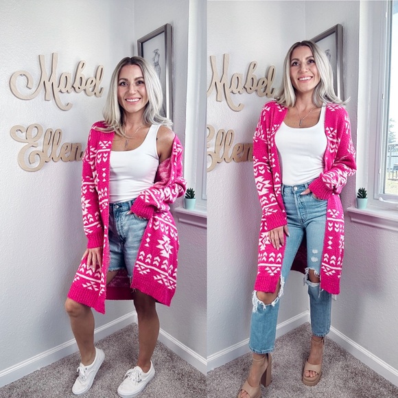 Saving Jane western chic pink and white tribals knit open front cardigan small - Picture 7 of 7